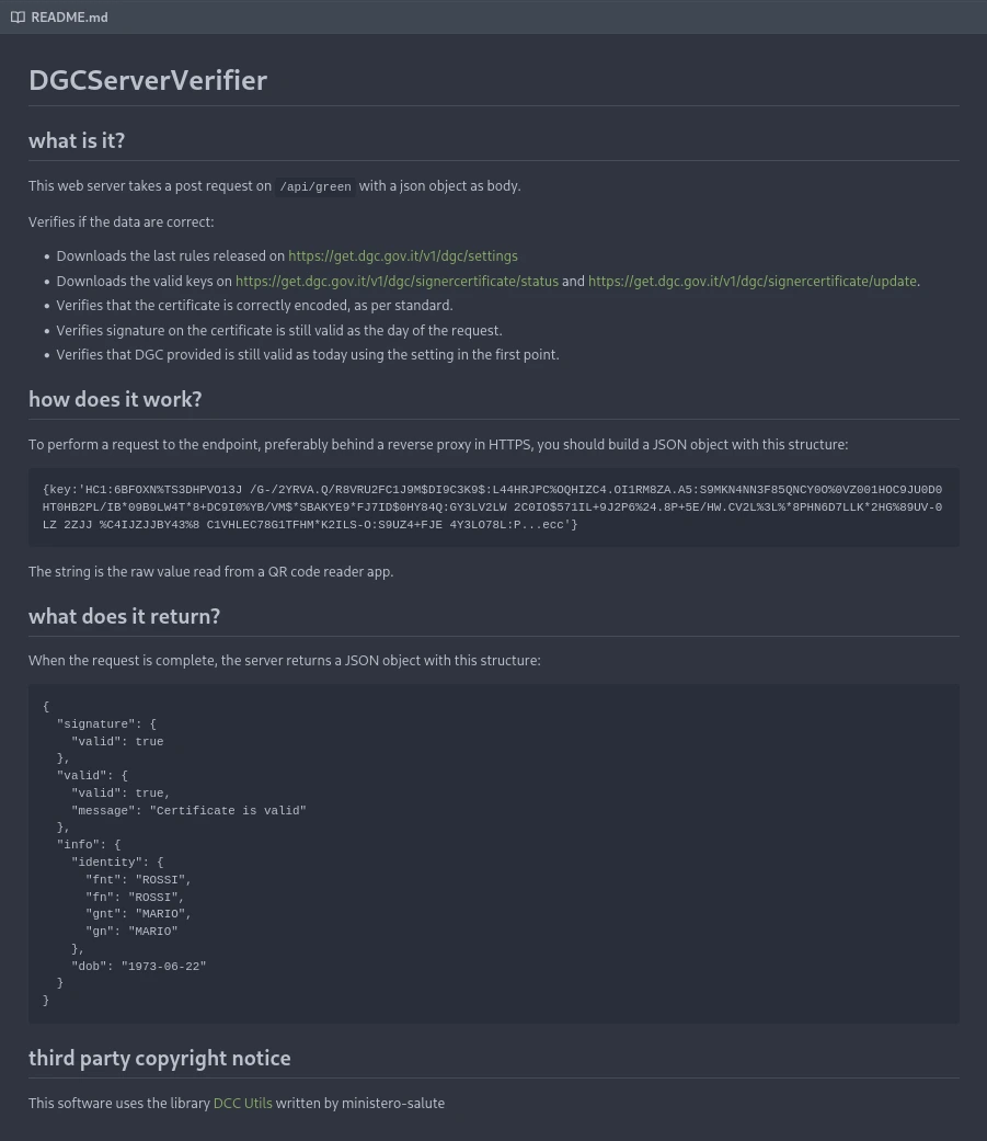 Green Pass server validatore